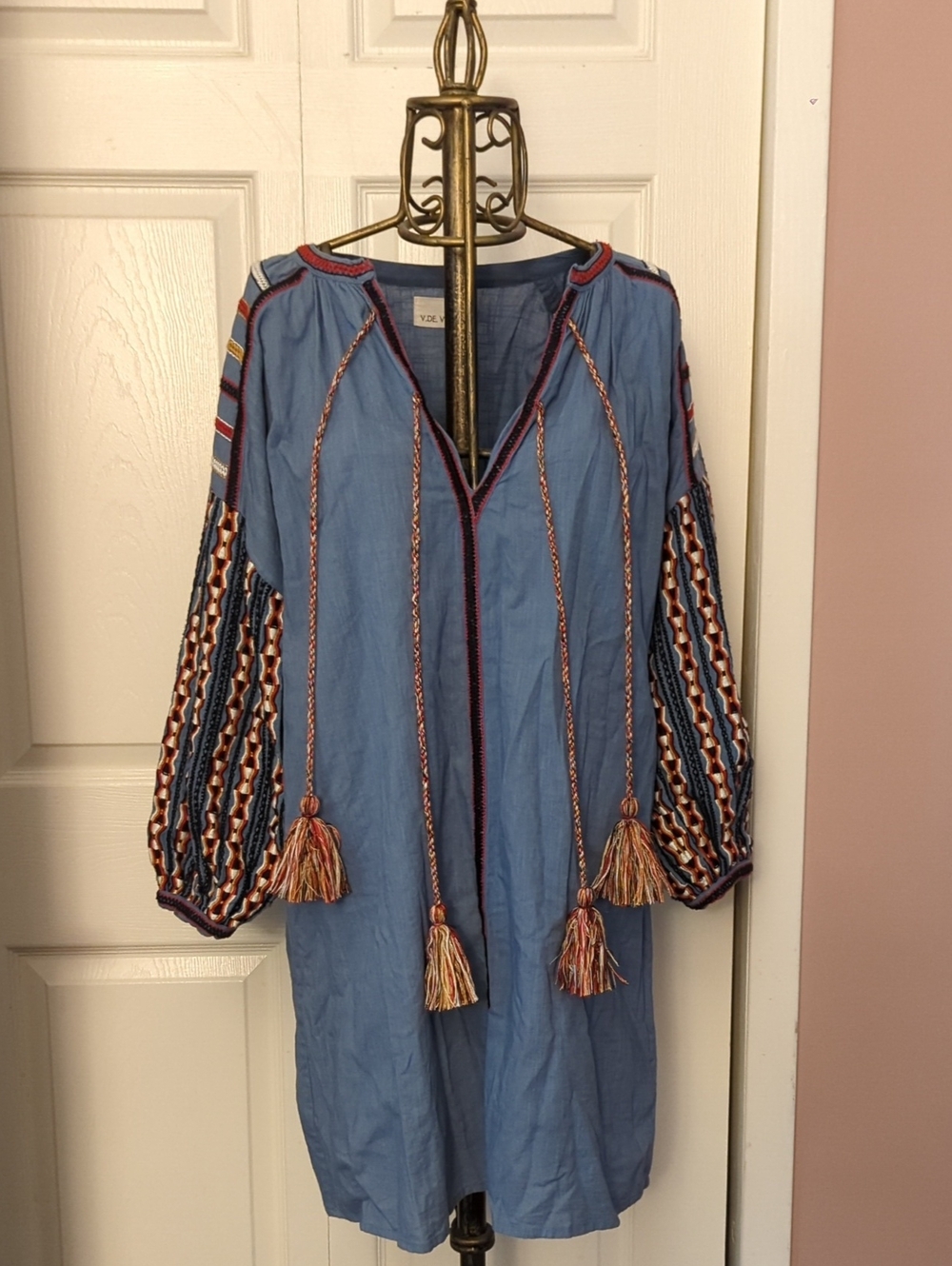 Embroidered Blue Tassel Tunic Dress